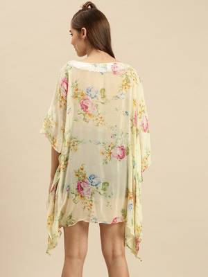 Cream Printed Floral Design Stone Work Kaftan 3
