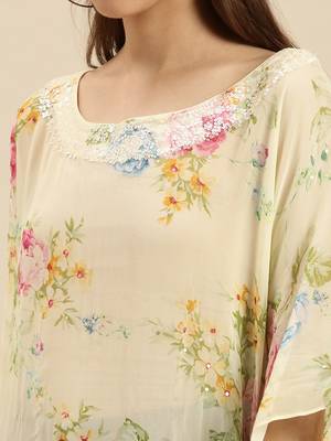 Cream Printed Floral Design Stone Work Kaftan 4