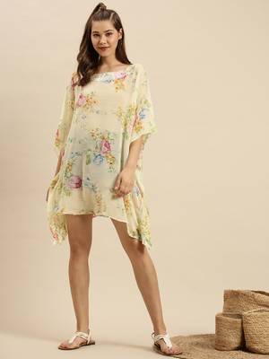 Cream Printed Floral Design Stone Work Kaftan 5