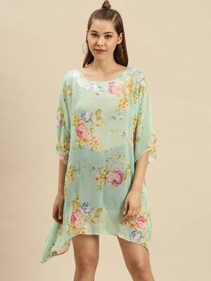 Green Printed Floral Design Stone Work Kaftan 1