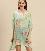 Green Printed Floral Design Stone Work Kaftan