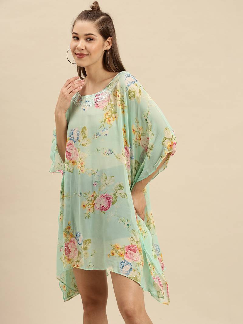 Green Printed Floral Design Stone Work Kaftan