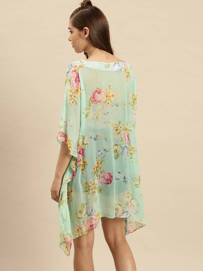 Green Printed Floral Design Stone Work Kaftan