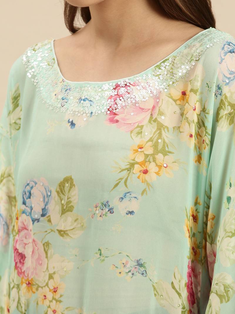 Green Printed Floral Design Stone Work Kaftan