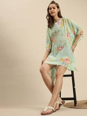 Green Printed Floral Design Stone Work Kaftan 5