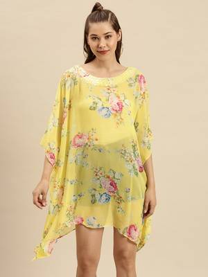 Yellow Printed Floral Design Stone Work Kaftan 1