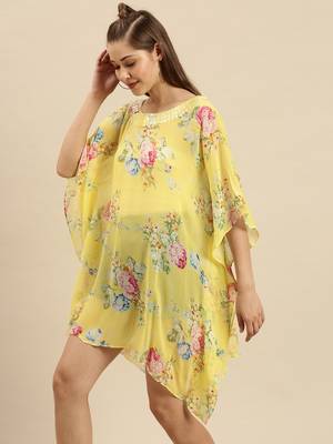 Yellow Printed Floral Design Stone Work Kaftan 2