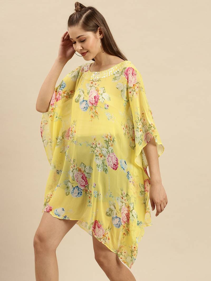 Yellow Printed Floral Design Stone Work Kaftan
