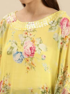 Yellow Printed Floral Design Stone Work Kaftan 3