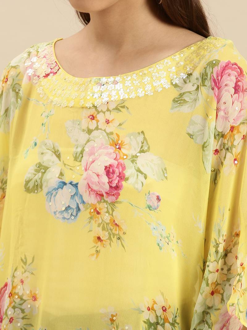 Yellow Printed Floral Design Stone Work Kaftan