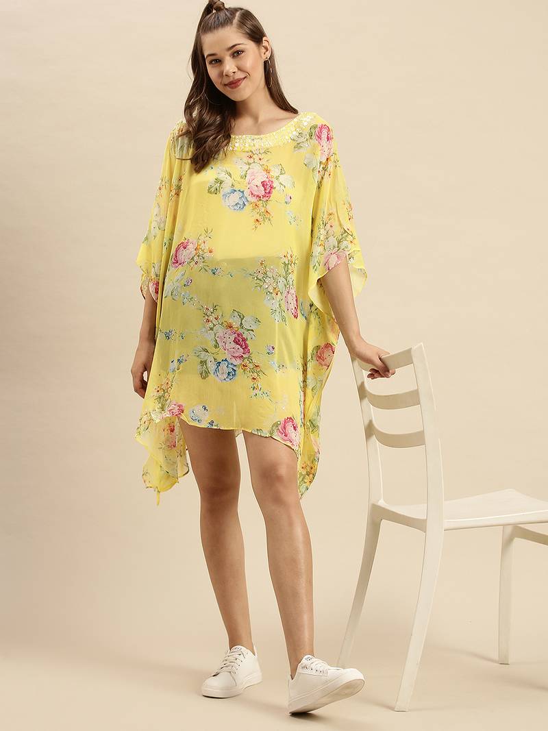 Yellow Printed Floral Design Stone Work Kaftan