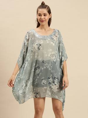 Denim Blue Printed Floral Design Stone Work Kaftan 1