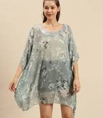 Denim Blue Printed Floral Design Stone Work Kaftan