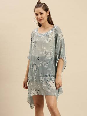 Denim Blue Printed Floral Design Stone Work Kaftan 2