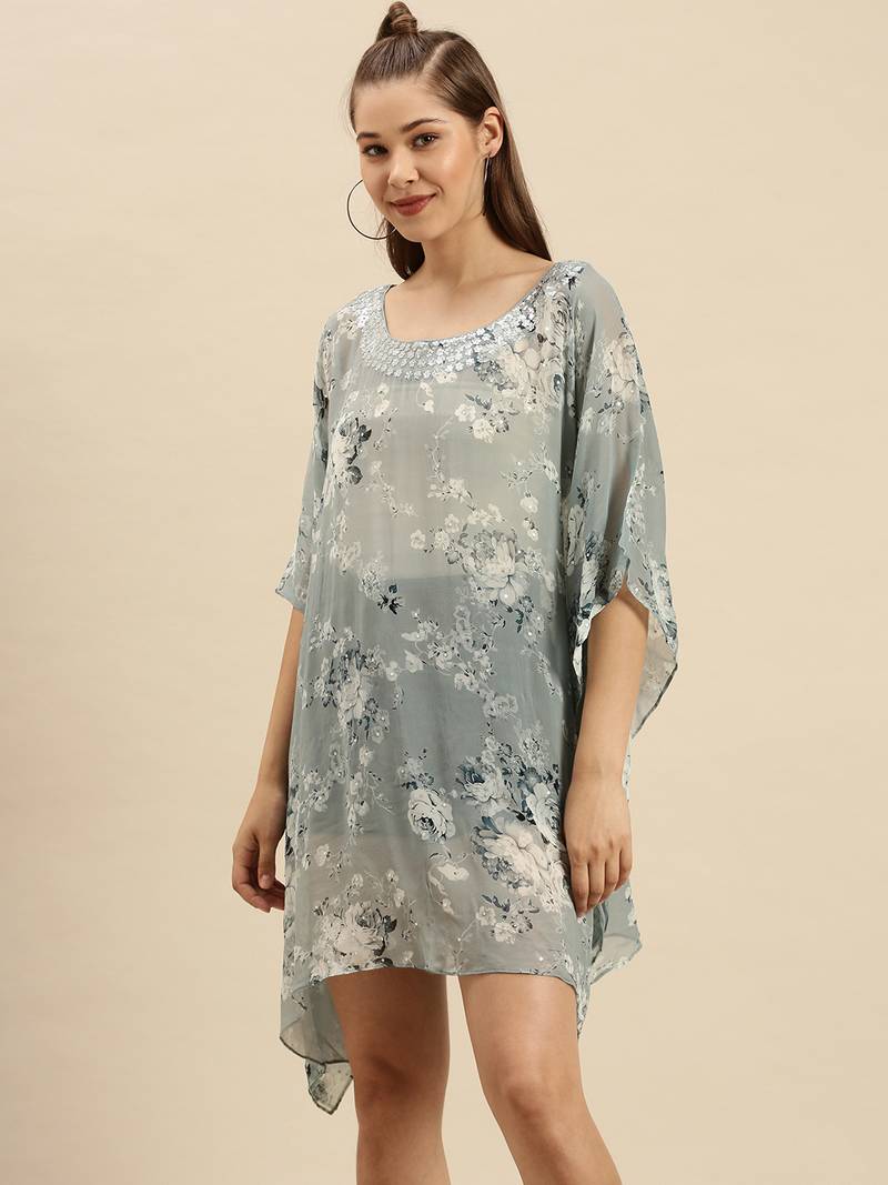 Denim Blue Printed Floral Design Stone Work Kaftan