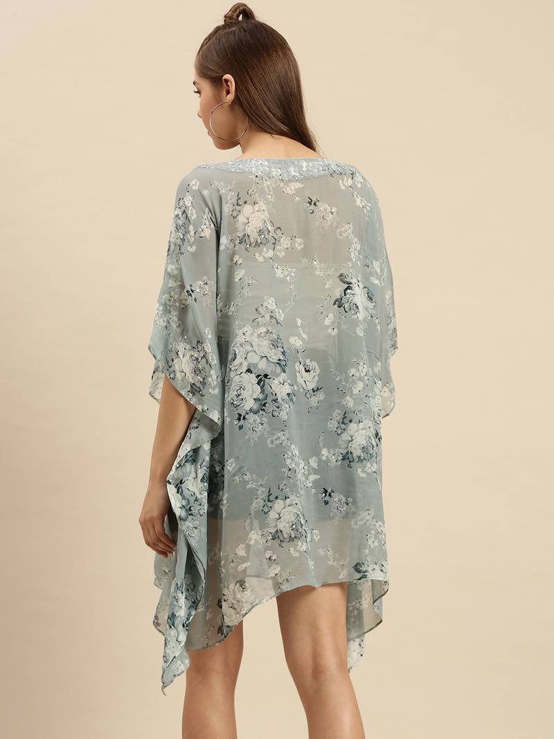 Denim Blue Printed Floral Design Stone Work Kaftan