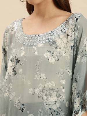 Denim Blue Printed Floral Design Stone Work Kaftan 4