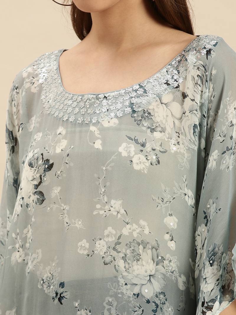 Denim Blue Printed Floral Design Stone Work Kaftan