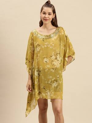 Mehandi Printed Floral Design Stone Work Kaftan 1