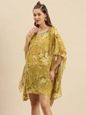 Mehandi Printed Floral Design Stone Work Kaftan 2