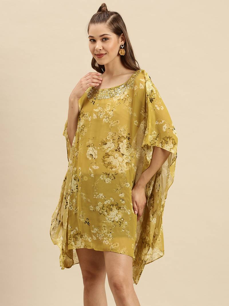 Mehandi Printed Floral Design Stone Work Kaftan