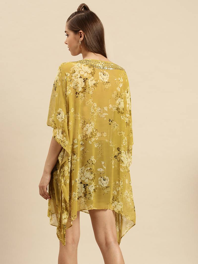 Mehandi Printed Floral Design Stone Work Kaftan