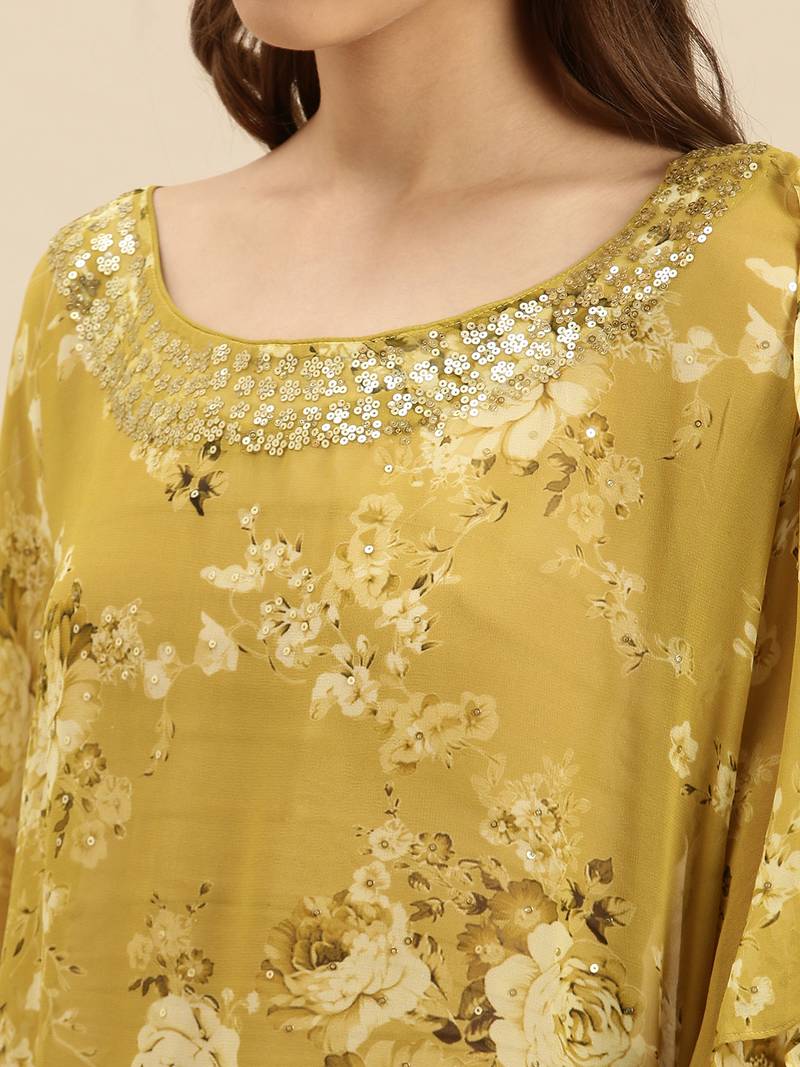 Mehandi Printed Floral Design Stone Work Kaftan