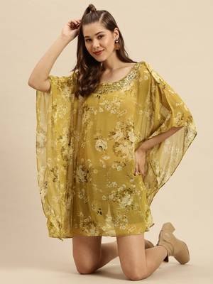 Mehandi Printed Floral Design Stone Work Kaftan 5