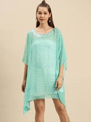 Sea Green Solid Floral Design Stone Work Kaftan 1