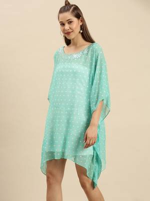 Sea Green Solid Floral Design Stone Work Kaftan 2