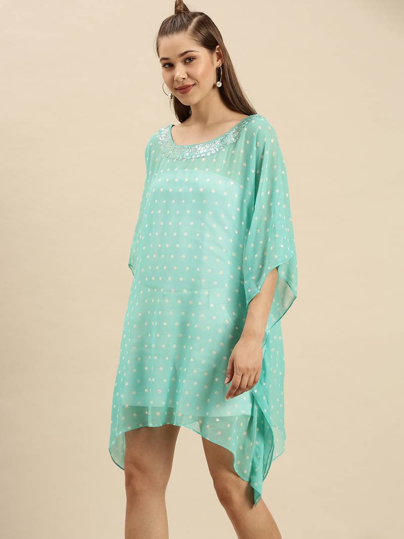 Sea Green Solid Floral Design Stone Work Kaftan