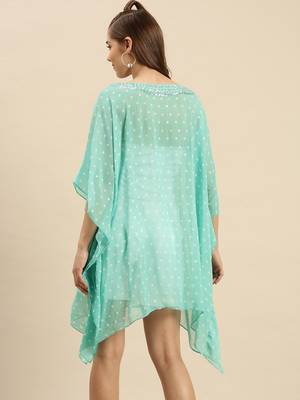 Sea Green Solid Floral Design Stone Work Kaftan 3