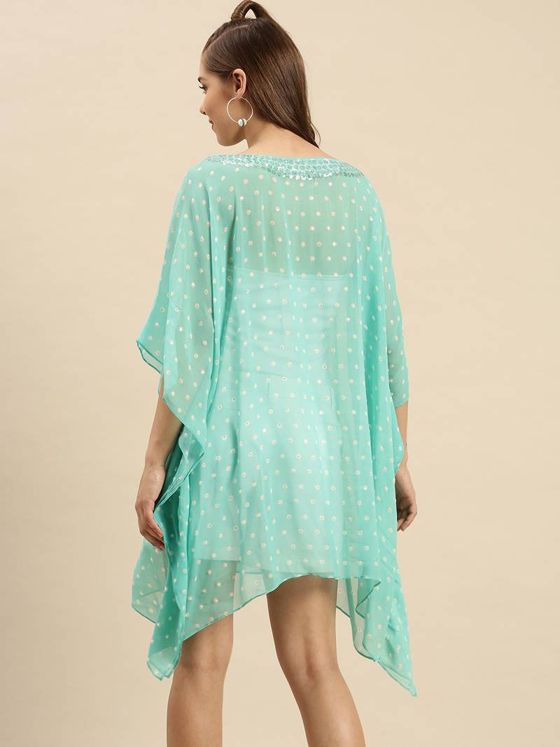 Sea Green Solid Floral Design Stone Work Kaftan