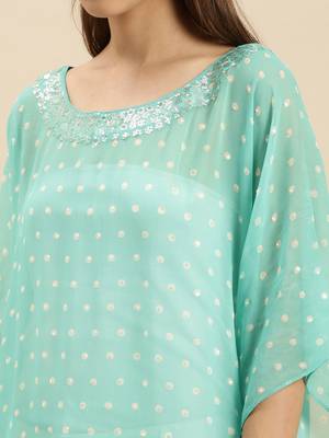 Sea Green Solid Floral Design Stone Work Kaftan 4