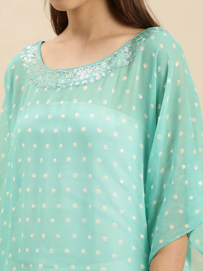 Sea Green Solid Floral Design Stone Work Kaftan