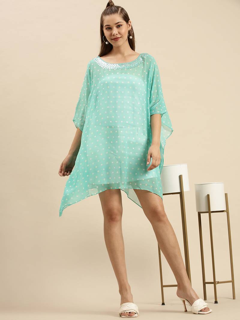 Sea Green Solid Floral Design Stone Work Kaftan