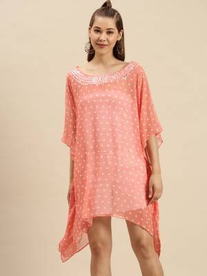 Salmon Solid Floral Design Stone Work Kaftan 1