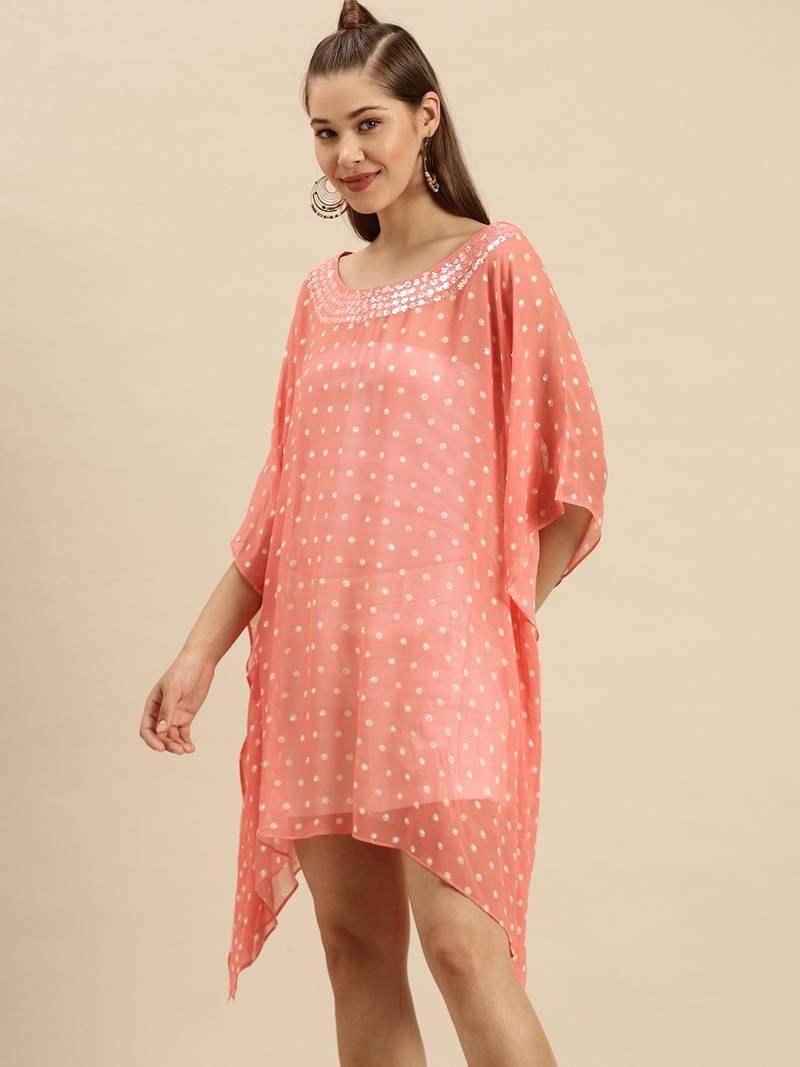 Salmon Solid Floral Design Stone Work Kaftan