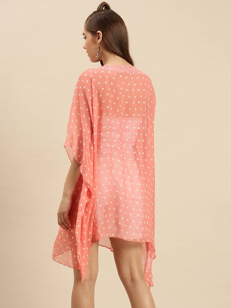 Salmon Solid Floral Design Stone Work Kaftan