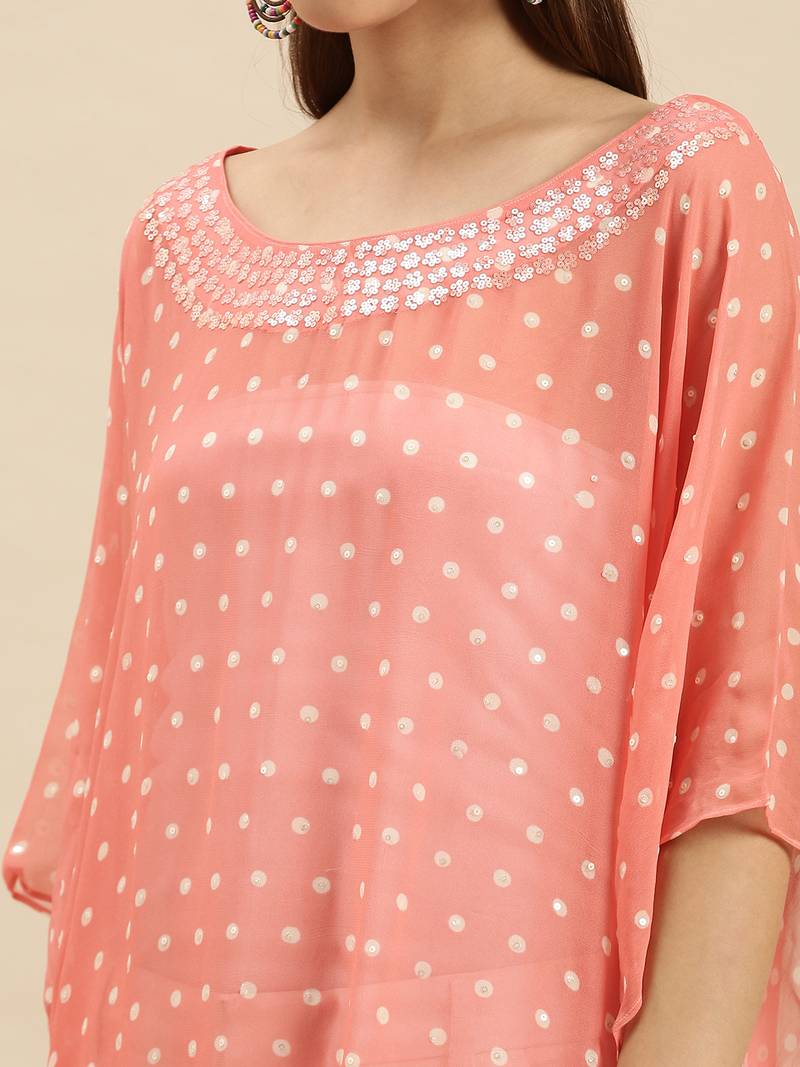 Salmon Solid Floral Design Stone Work Kaftan