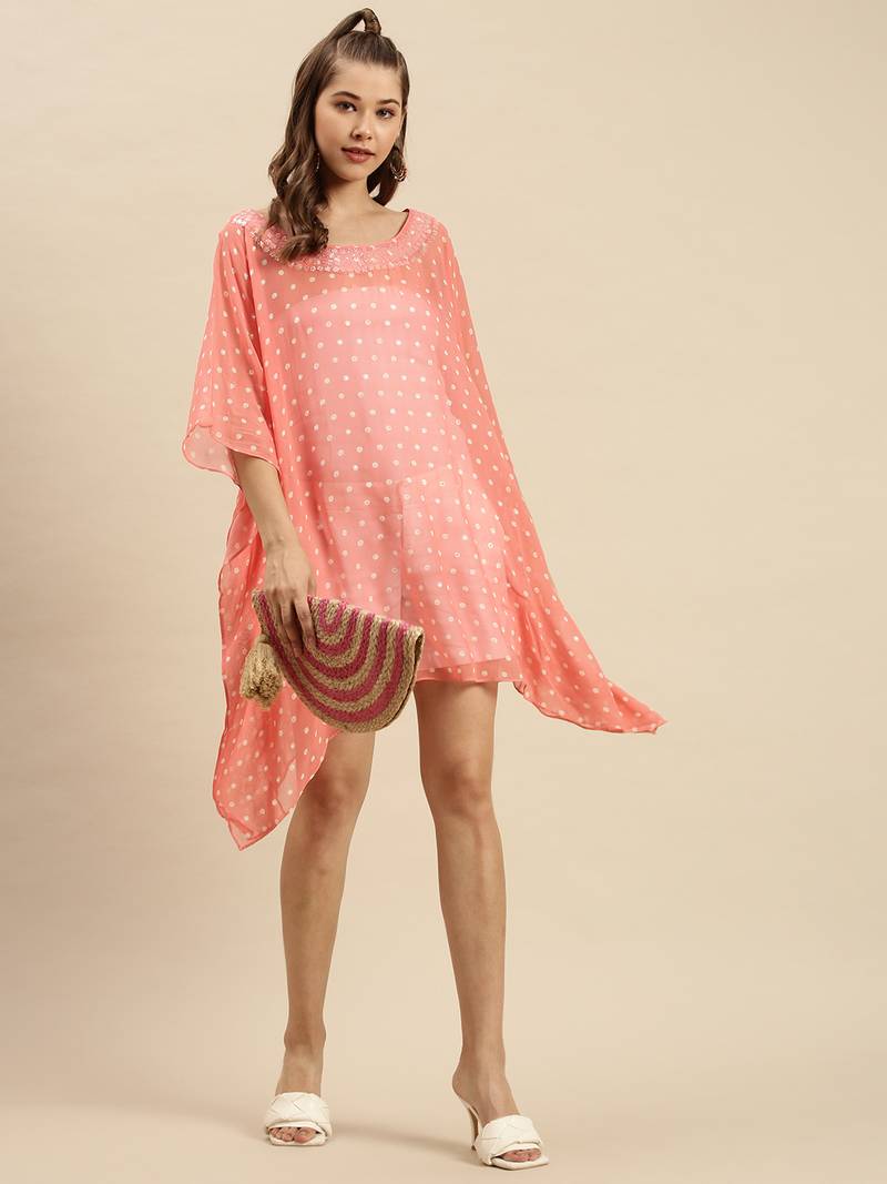 Salmon Solid Floral Design Stone Work Kaftan