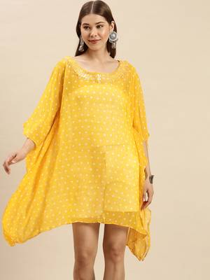 Yellow Solid Floral Design Stone Work Kaftan 1