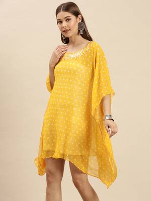 Yellow Solid Floral Design Stone Work Kaftan 2