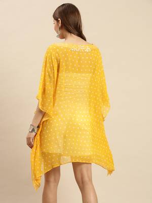 Yellow Solid Floral Design Stone Work Kaftan 3