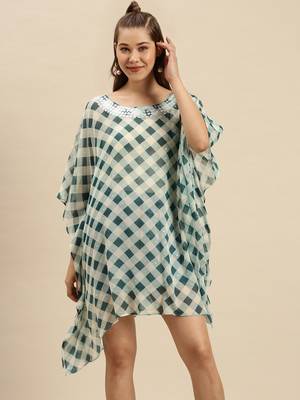 Deep Green Checked Floral Design Stone Work Kaftan 1