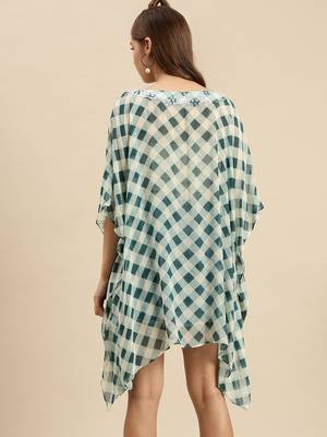 Deep Green Checked Floral Design Stone Work Kaftan 3