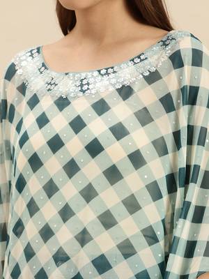 Deep Green Checked Floral Design Stone Work Kaftan 4
