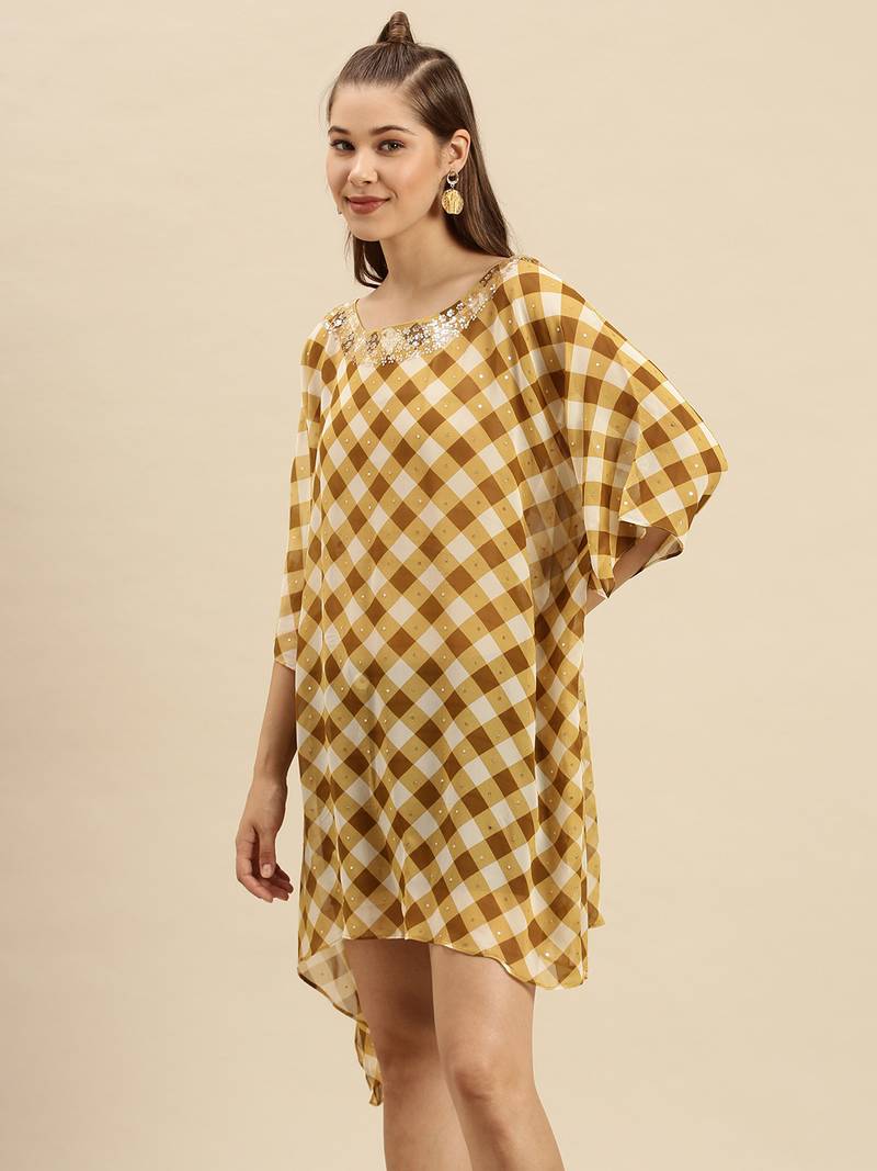 Gold Checked Floral Design Stone Work Kaftan