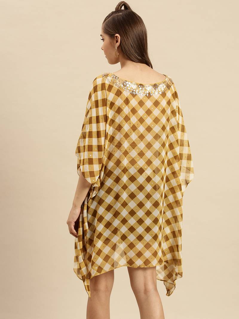 Gold Checked Floral Design Stone Work Kaftan
