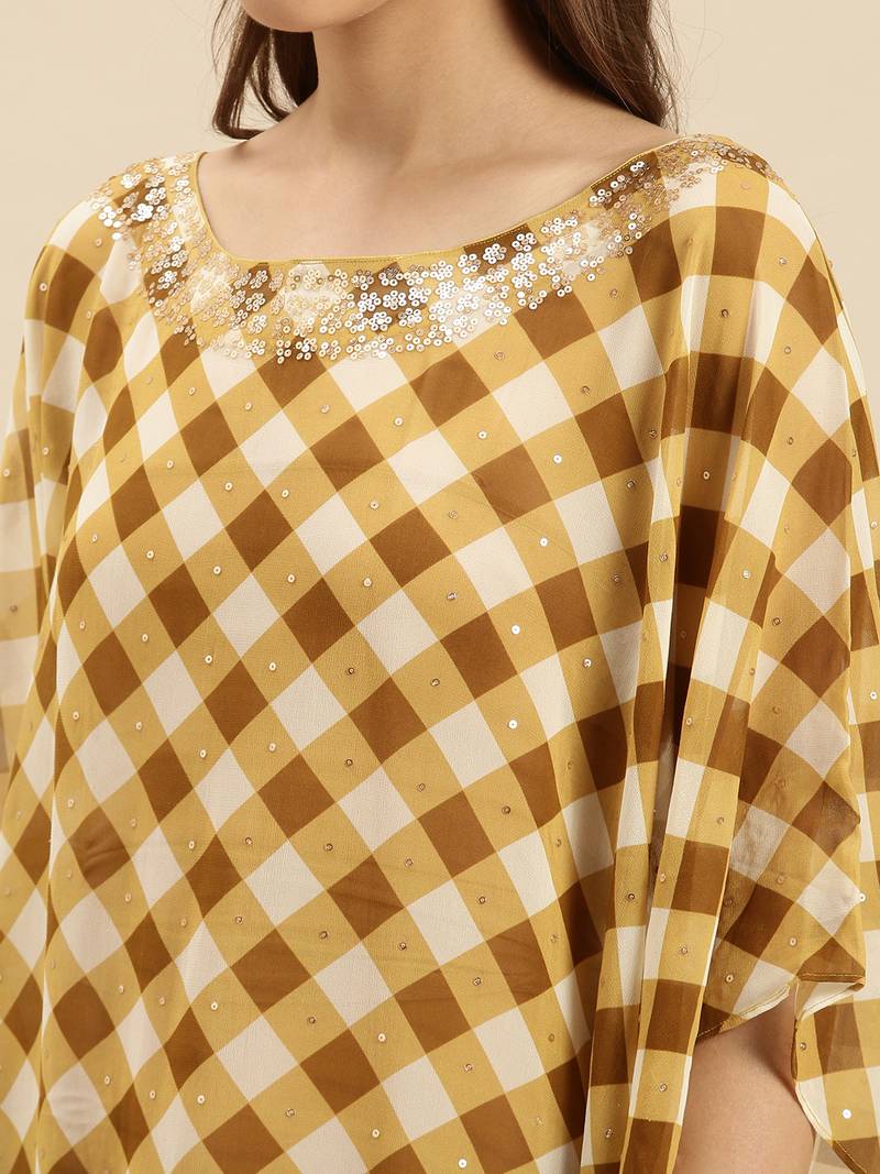 Gold Checked Floral Design Stone Work Kaftan